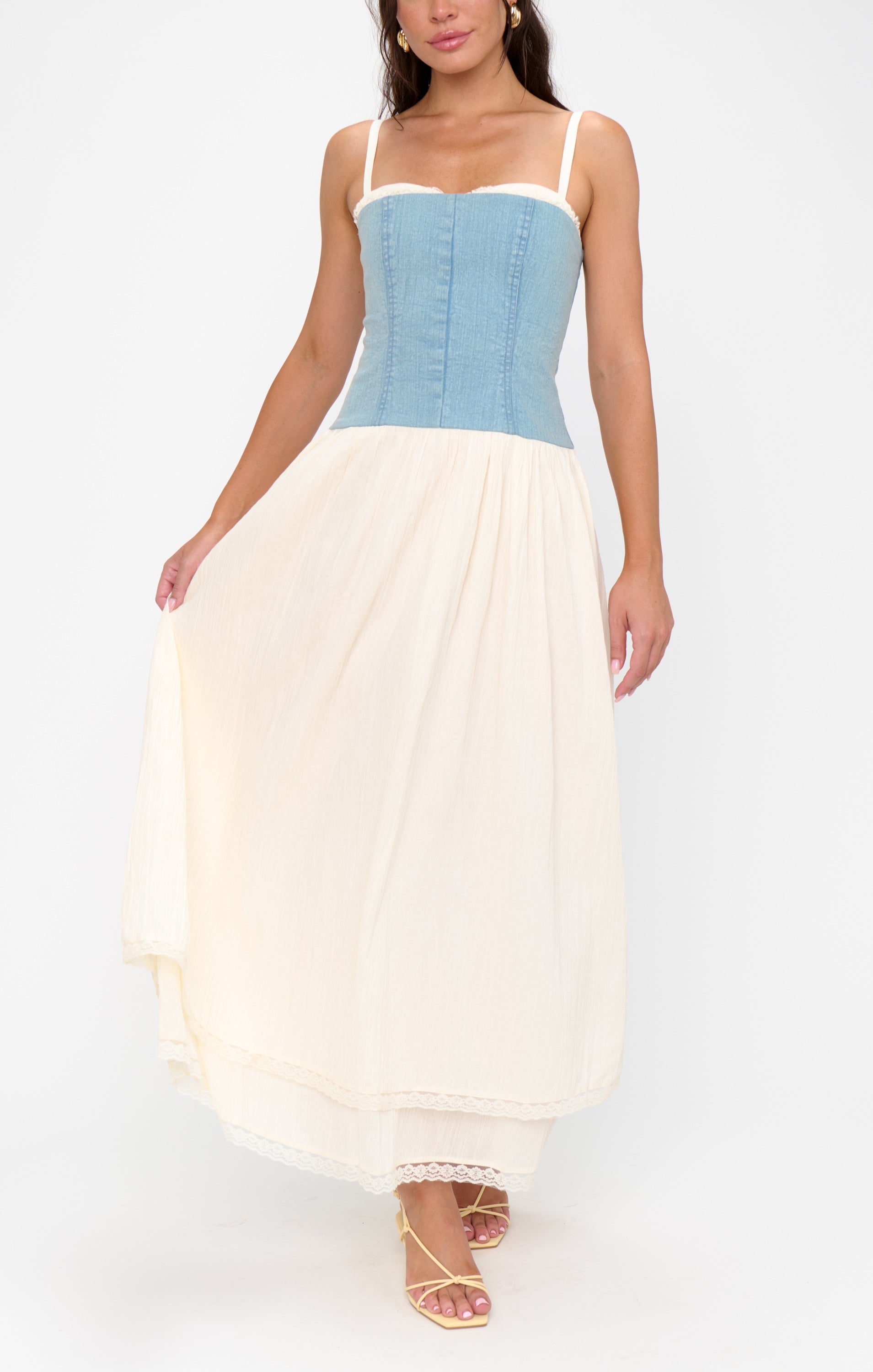 Show Me Your Mumu Tiffany Maxi Dress - Light Indigo with Cream Voile