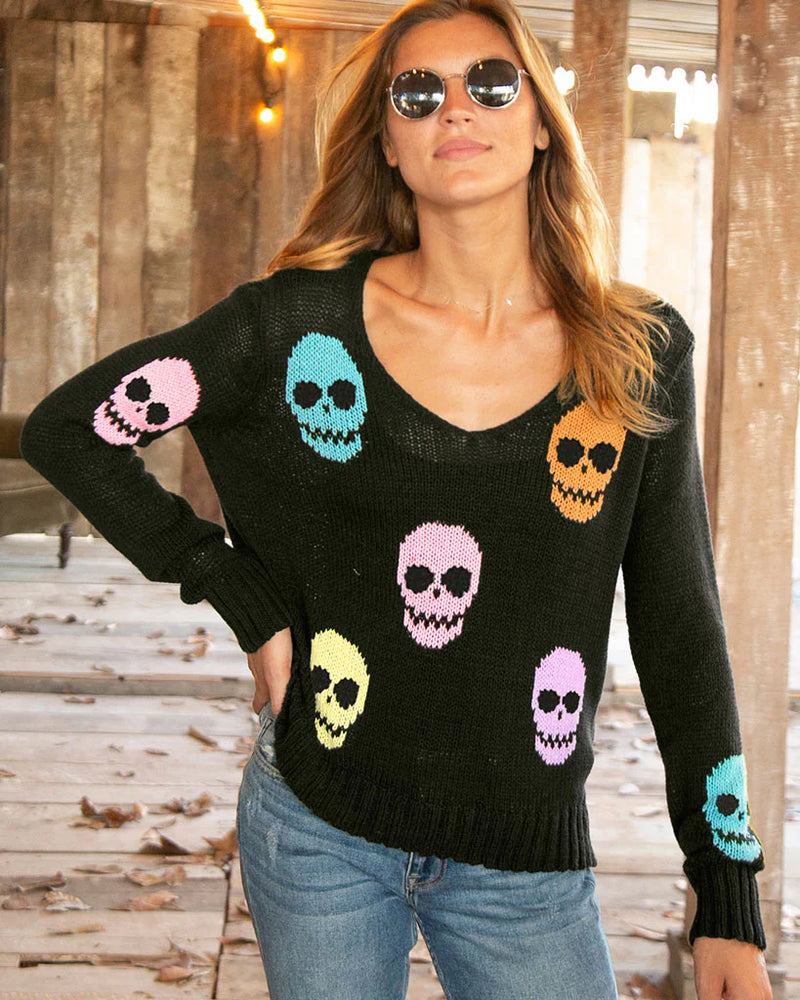 Wooden Ships Multiple Skulls V Cotton Sweater